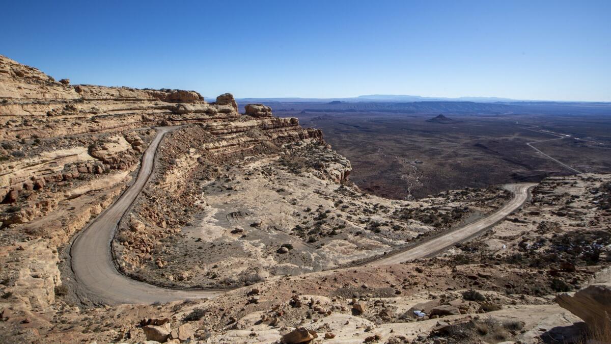 View of the Moki Dugway, a switchback road carved into the face of the Cedar Mesa cliff edge in Mexican Hat, Utah on Dec. 14, 2018. President Trump has removed the area from the Bears Ears National Monument.