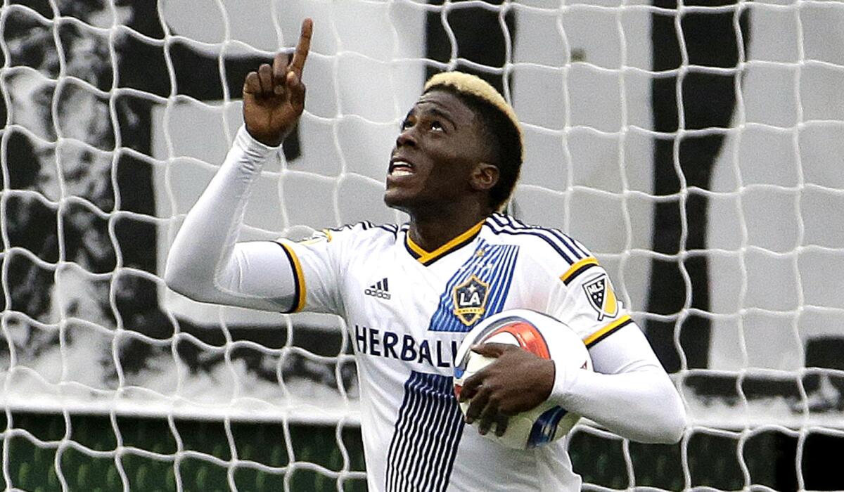 Galaxy forward Gyasi Zardes, celebrating after a goal against Portland, returns to the Galaxy lineup on Saturday after duty with the U.S. national team.