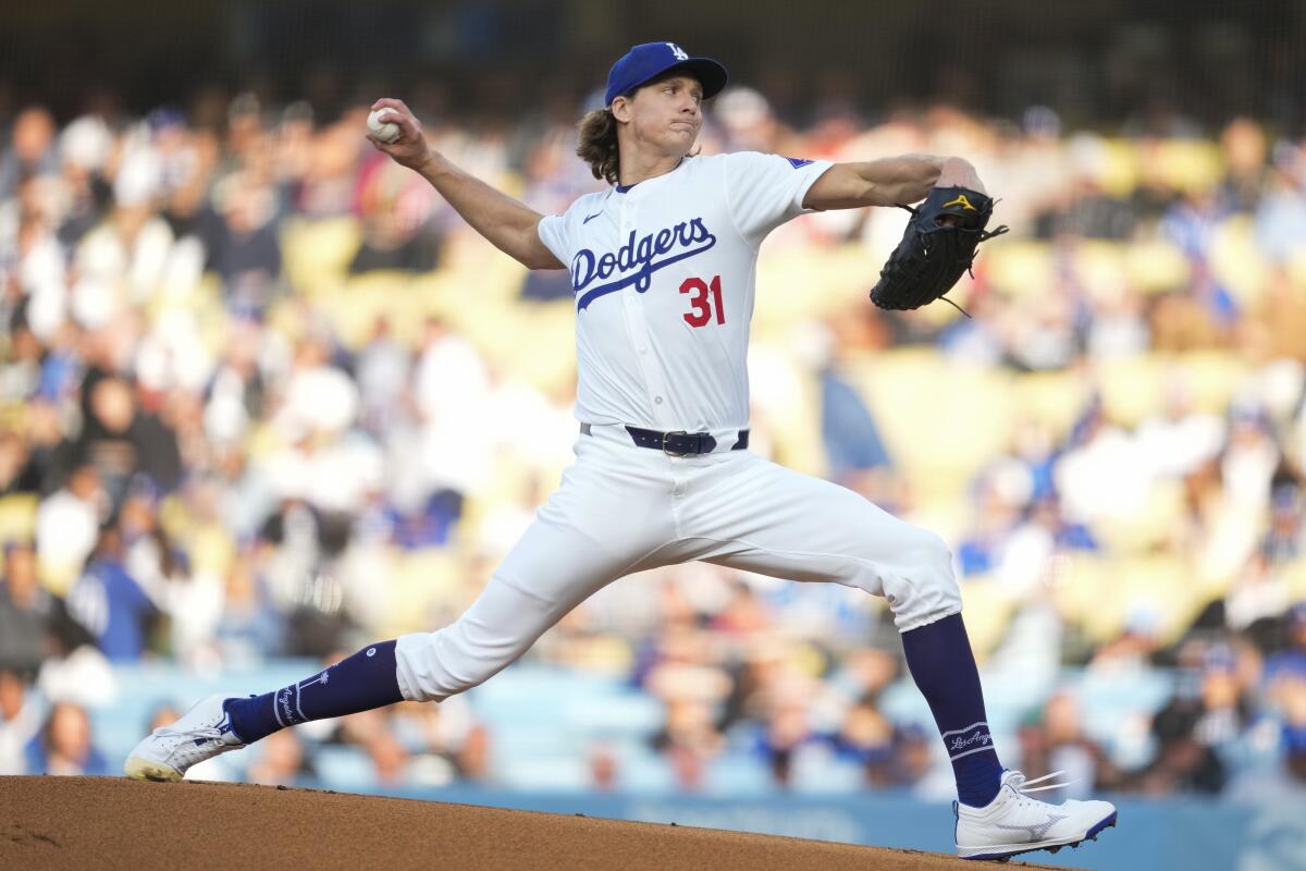 Dodgers starting pitcher Tyler Glasnow throws during the first inning Saturday.