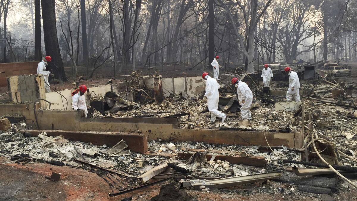 Volunteers in November search for human remains in the rubble of homes burned in the Camp fire in Paradise, Calif.