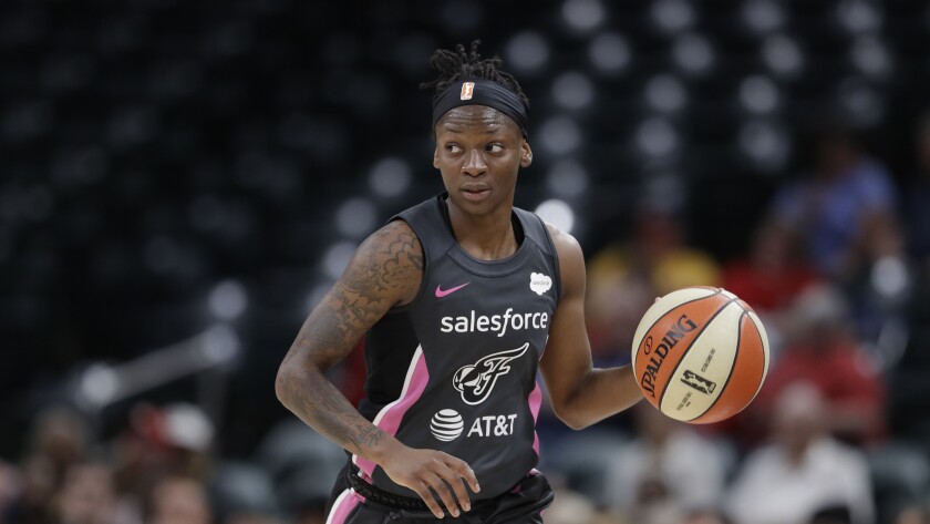 Indiana Fever guard Erica Wheeler dribbles during a game against the New York Liberty on Aug. 20, 2019.