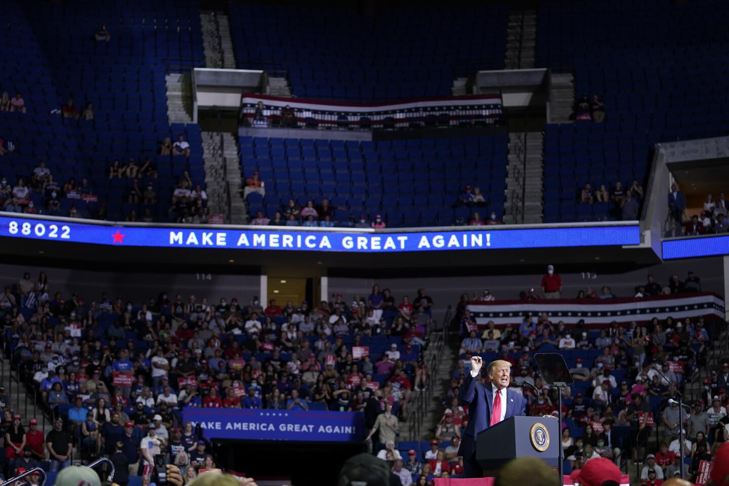 President Donald Trump speaks during a campaign rally at the BOK Center, Saturday, June 20, 2020, in Tulsa, Okla. (AP Photo/Evan Vucci)