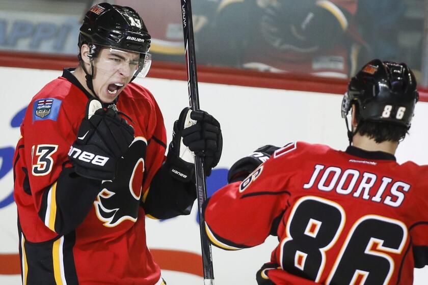 Calgary forward Johnny Gaudreau, left, had two goals against the Ducks in the Flames' 6-3 victory Wednesday over Anaheim.