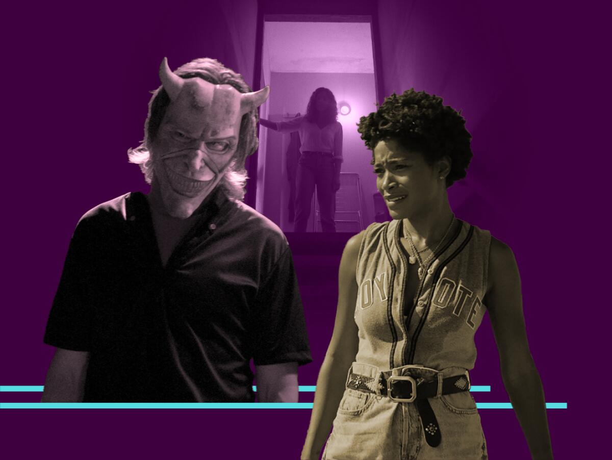 Collage of a man in a demonic mask, a woman standing in a doorway, and a woman looking scared.