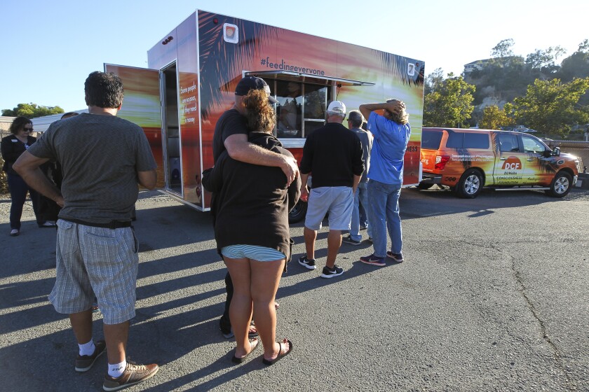 People line up at the Duwara Consciousness Foundation food trailer, run by Harisimran Khalsa and her husband Davinder Heyre, as the couple and two of volunteers serve free vegetarian dinners to homeless people at a Jewish Family Service's safe parking lot Thursday in San Diego.