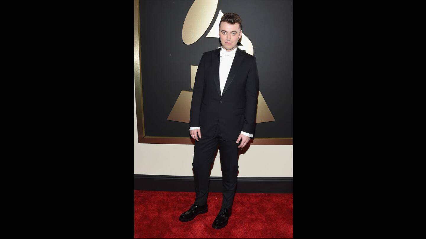 Multiple nominee Sam Smith is wearing an ivory bow tie on a white tux shirt. MORE: Show updates | Show highlights | Quotes | Red carpet