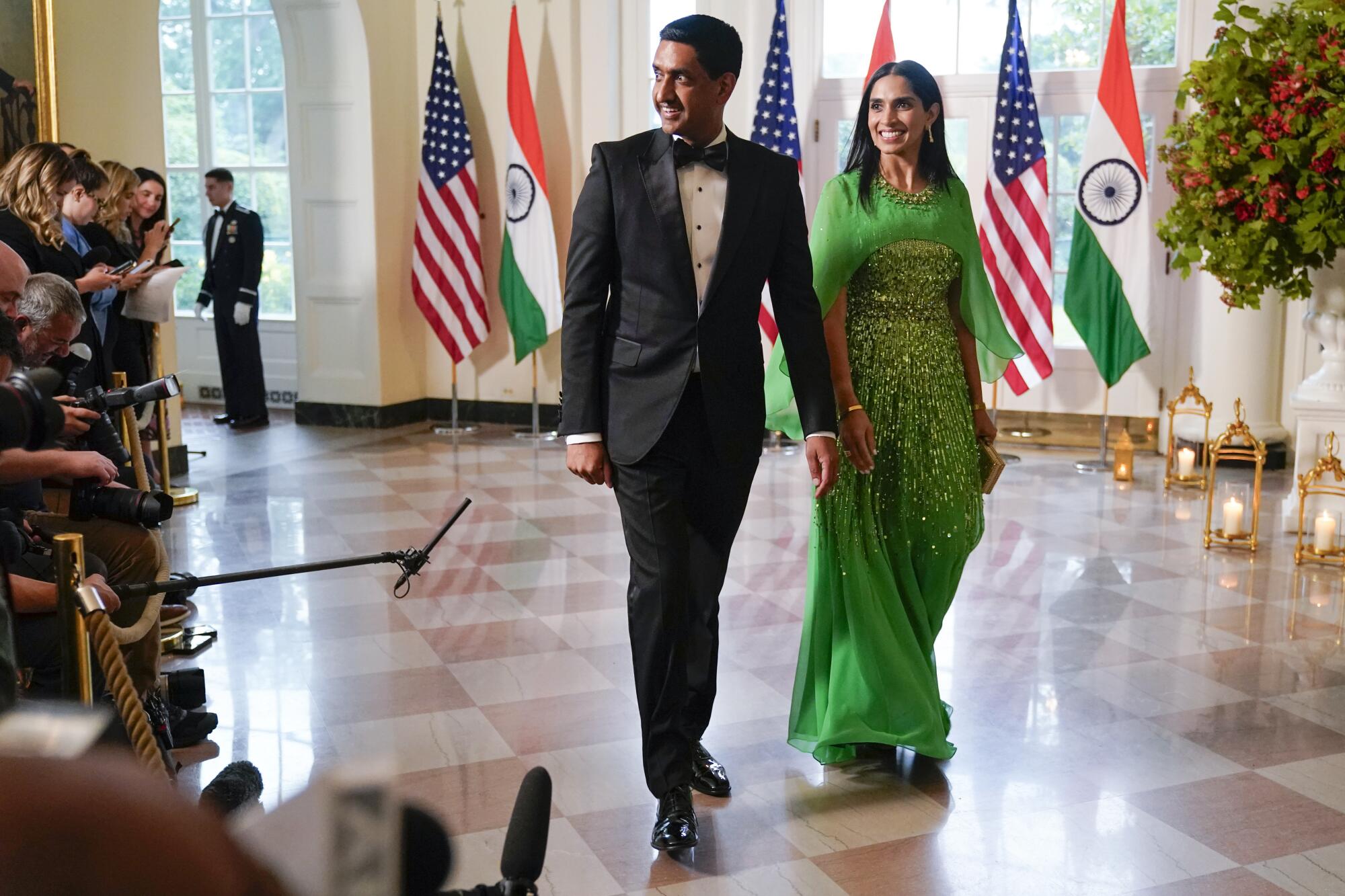 Rep. Ro Khanna, D-Calif., and his wife Ritu Khanna arrive for the State Dinner at the White House