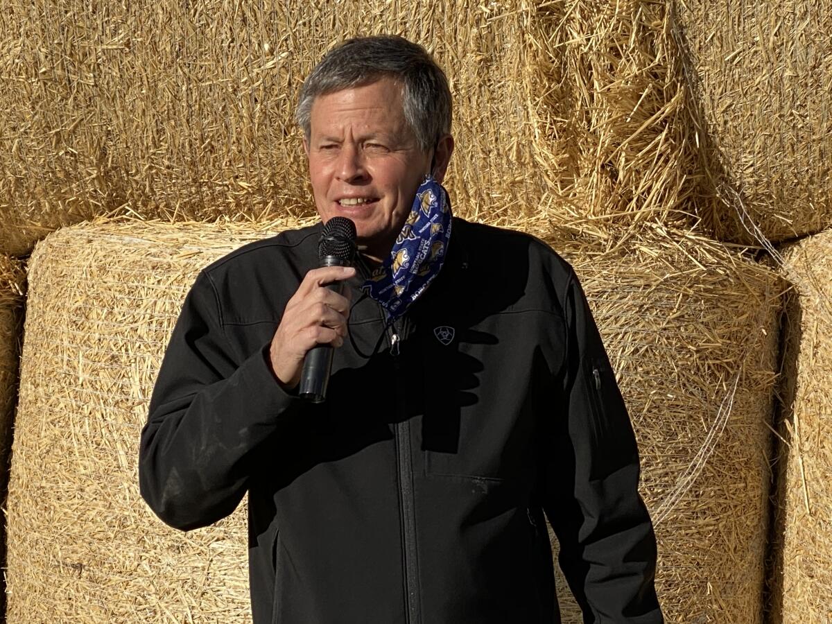 Sen. Steve Daines (R-Mont.) speaks on Oct. 14 on a ranch in Belgrade, Mont.