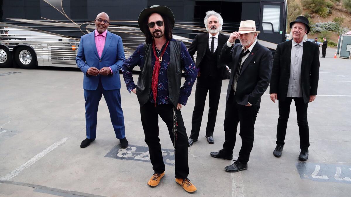 LOS ANGELES, CA - SEPTEMBER 25, 2017: The Heartbreakers of Tom Petty & the Heartbreakers back stage before the final of three sold-out performances at the Hollywood Bowl on September 25, 2017 in Los Angeles, California. From the left: drummer Steve Ferrone, lead guitar Mike Campbell, bass player Ron Blair, keyboards Benmont Tench, and keyboard/guitar player Scott Thurston.(Gina Ferazzi / Los Angeles Times)