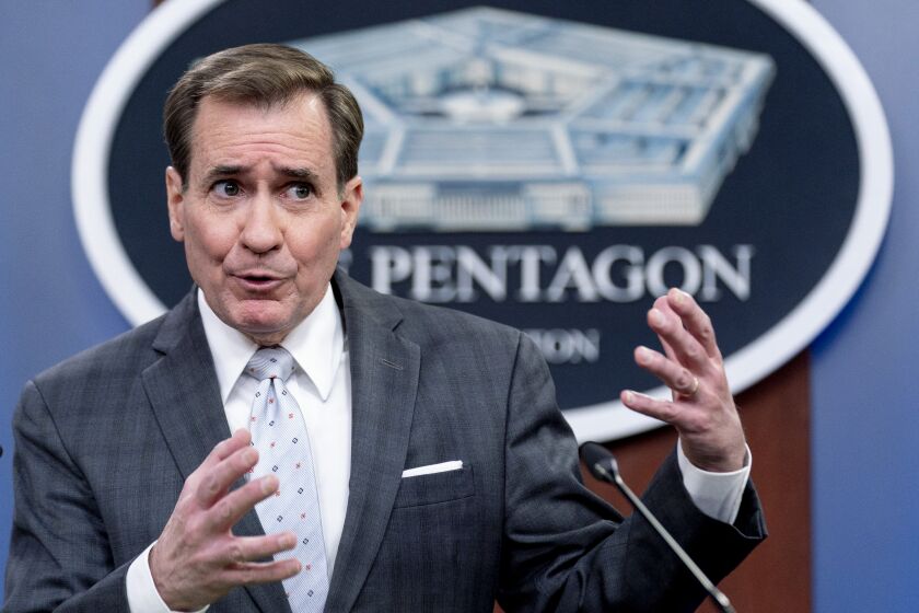 Pentagon spokesman John Kirby speaks during a briefing at the Pentagon in Washington, Wednesday, Feb. 2, 2022. President Joe Biden is sending about 2,000 troops from Fort Bragg, N.C., to Poland and Germany this week and sending part of an infantry Stryker squadron of roughly 1,000 troops based in Germany to Romania. (AP Photo/Andrew Harnik)