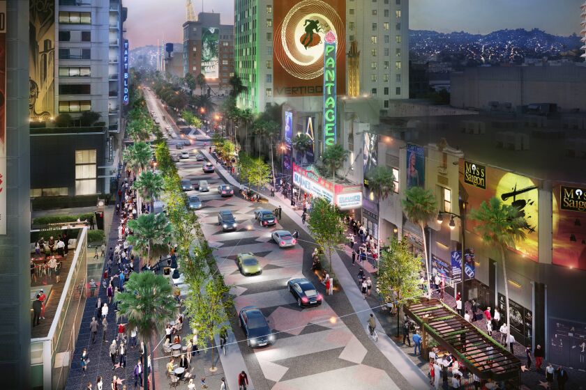 An artist's rendering of Hollywood Boulevard shows wider sidewalks and reduced space for private cars.