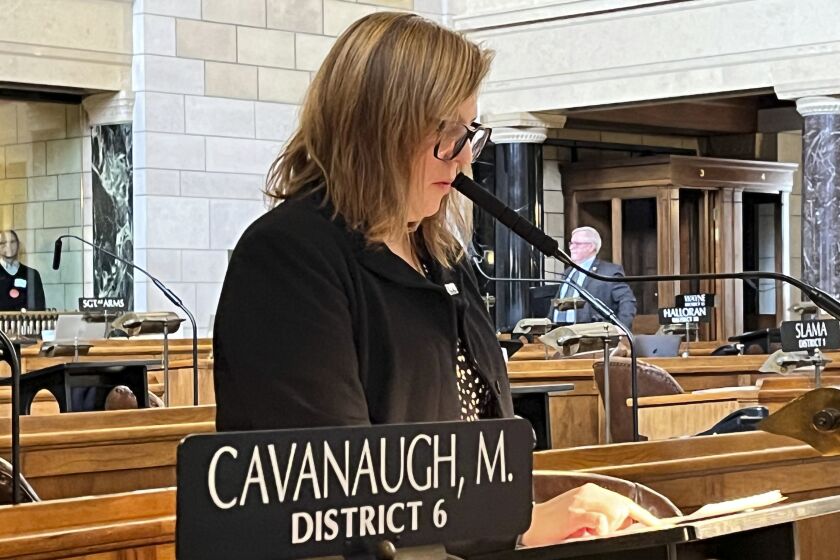 FILE - State Sen. Machaela Cavanaugh speaks before the Nebraska Legislature on March 13, 2023, at the Nebraska State Capital in Lincoln, Neb. Cavanaugh had followed through on her vow in late February to filibuster every bill before the Legislature — even those she supported — before reaching an agreement to debate a bill that would ban gender-affirming treatment for minors in Nebraska. (AP Photo/Margery Beck, File)