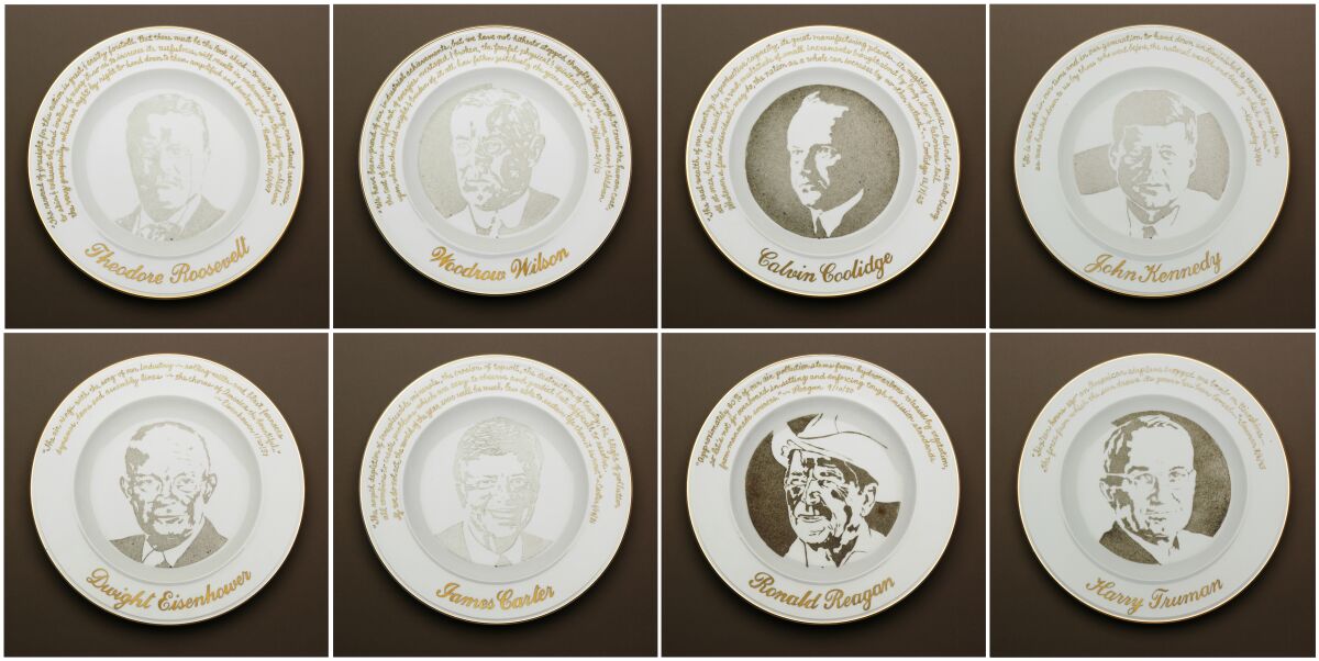 Eight of the original 17 Presidential Commemorative Smog Plates, made of particulate matter on porcelain.