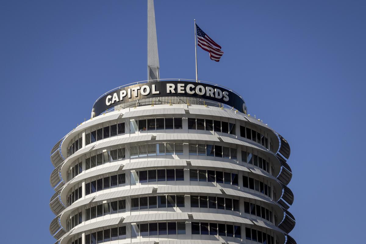 Exterior view of the top part of the Capitol Records Building in Hollywood.