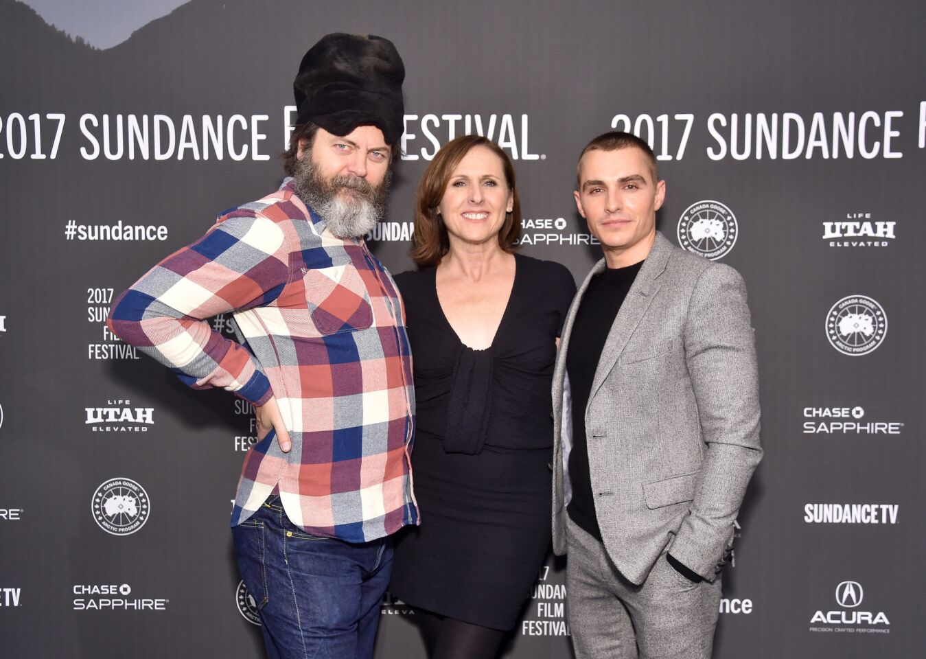 Actors Nick Offerman, left, Molly Shannon, and Dave Franco attend "The Little Hours" premiere.