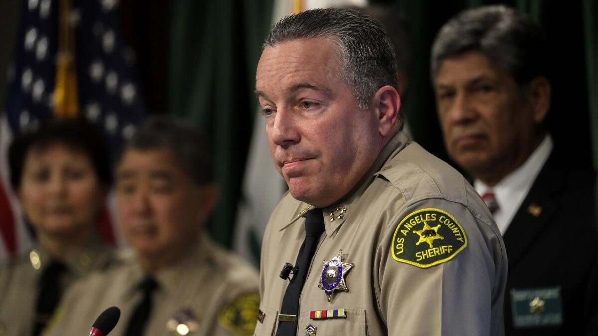 Los Angeles County Sheriff Alex Villanueva holds a press conference in Los Angeles on Jan. 30.