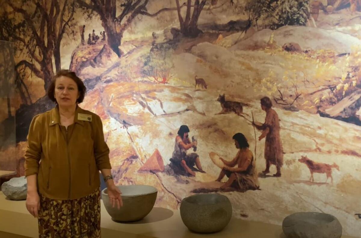 A Bowers Museum docent talks about Acjachemen and Tongva tribe history in a video about California.