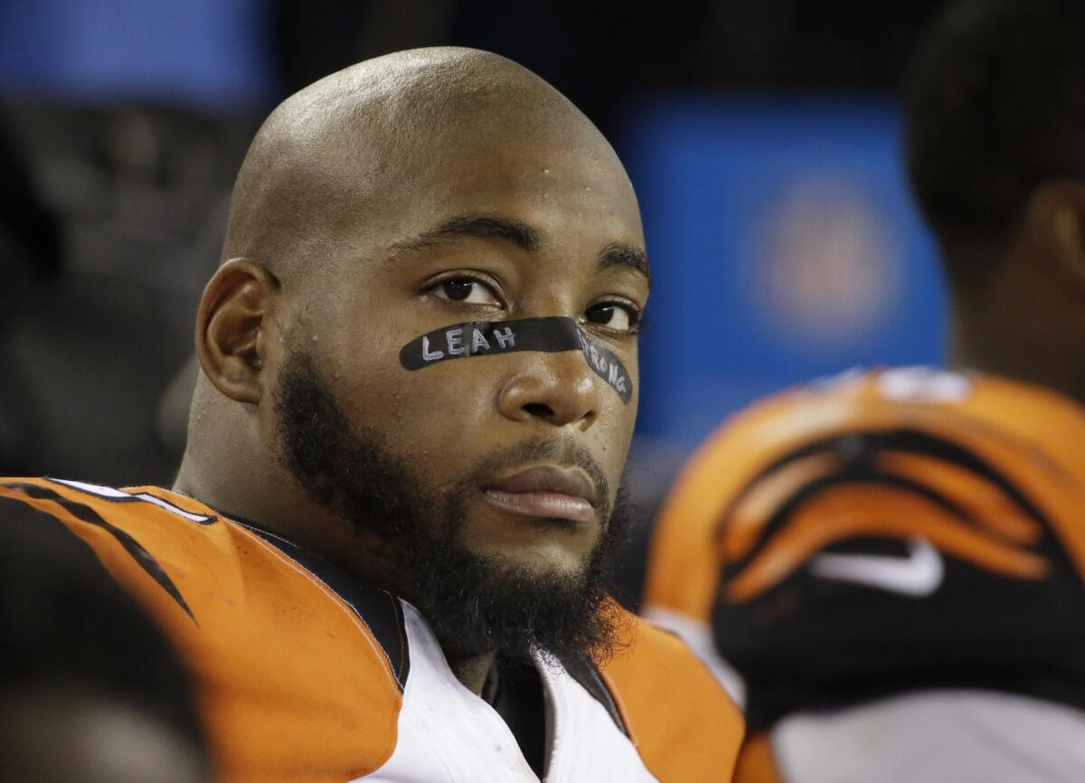 Cincinnati defensive tackle Devon Still wears the words "Leah Strong" in his eye black for his 4-year-old daughter, who is battling pediatric cancer, as the Bengals played the New England Patriots in Foxborough, Mass., on Oct. 5.