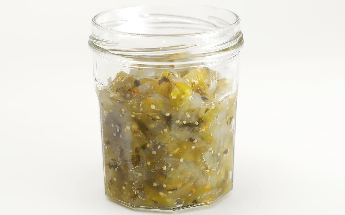 Earthy tequila flavors this sweet-spicy relish made with tomatillos instead of the usual green tomatoes.