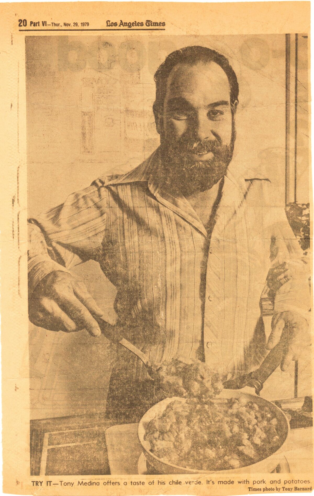 Tony Medina showing his chile verde in a clipping from an L.A. Times Food section story that ran on Nov. 29, 1979. 