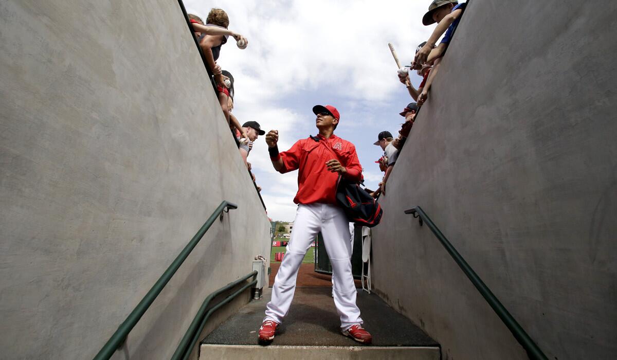 Angels first baseman Efren Navarro signs autographs before a spring training baseball game on March 12.