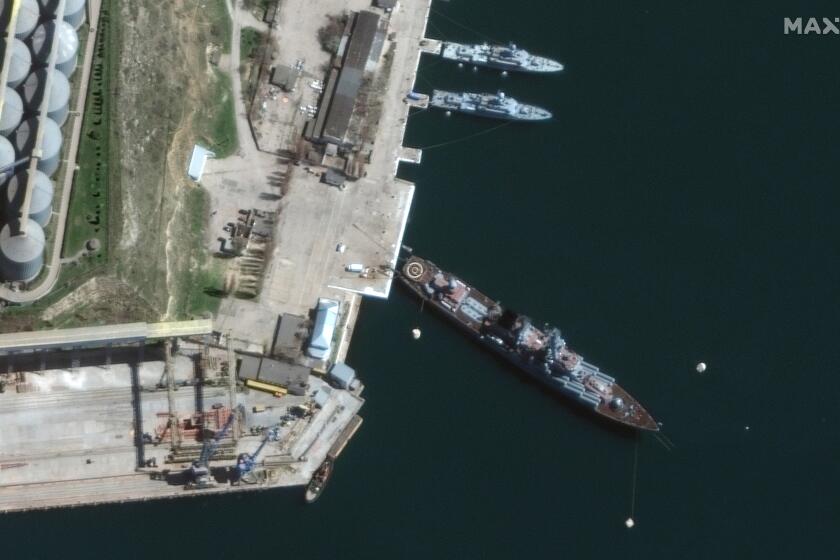 This satellite image provided by Maxar Technologies shows cruiser Moskva in port Sevastopol in Crimea on April 7, 2022. (Satellite image ©2022 Maxar Technologies via AP)