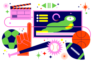 Illustration showing movie clapboard, golf course, foam fan hand, soccer ball, baseball and bat, football and basketball 