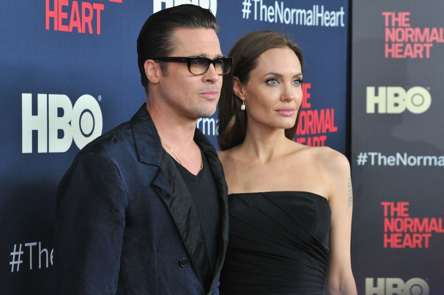 Brad Pitt and Angelina Jolie attend the New York premiere of "The Normal Heart" at Ziegfeld Theater on May 12, 2014, in New York City.