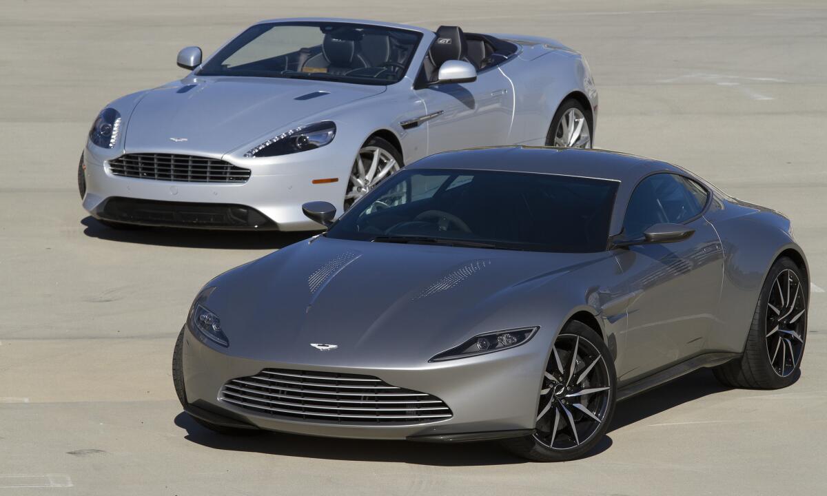 LOS ANGELES, CA-OCTOBER 26, 2015: The Aston Martin DB9 GT Volante (rear) and the specially created DB10 for the new James Bond movie, "Spectre." Ten were made for the movie -- Aston Martin will keep one, the producers of the movie will get one and a third will be auctioned off. The others are in parts and Bentley will keep them. (Myung J. Chun / Los Angeles Times)