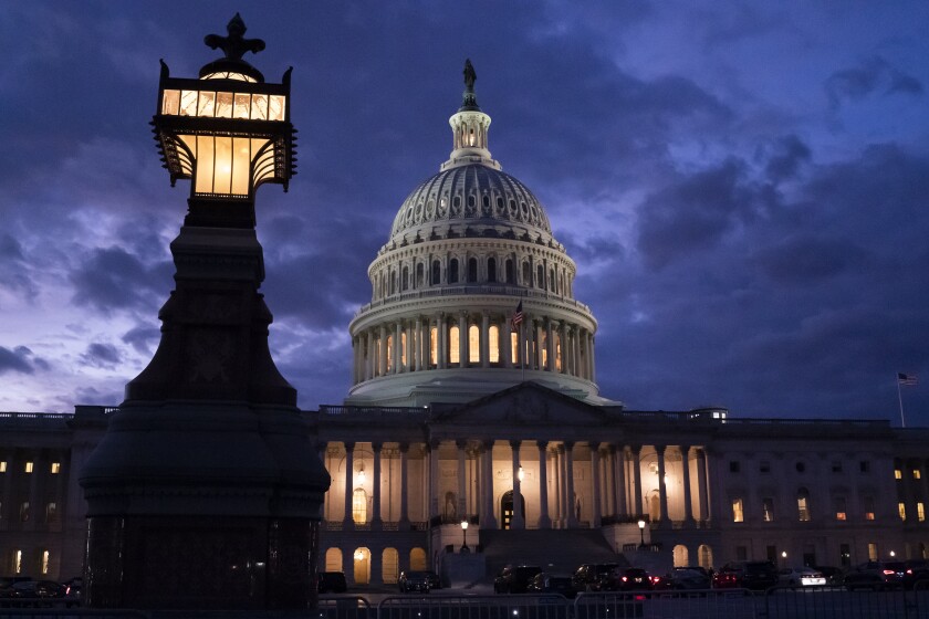 Night falls at the the Capitol in Washington D.C.