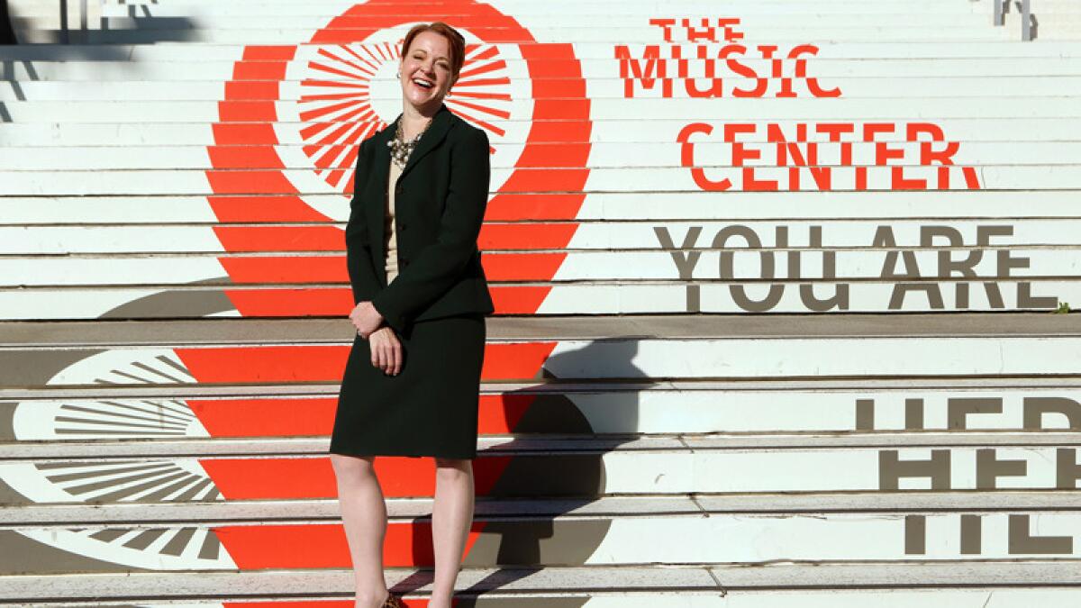 “My goal is to provide programming that’s elite in quality but not elitist in sensibility,” said Music Center Chief Executive Rachel S. Moore, pictured here before the Music Center's plaza redesign. 