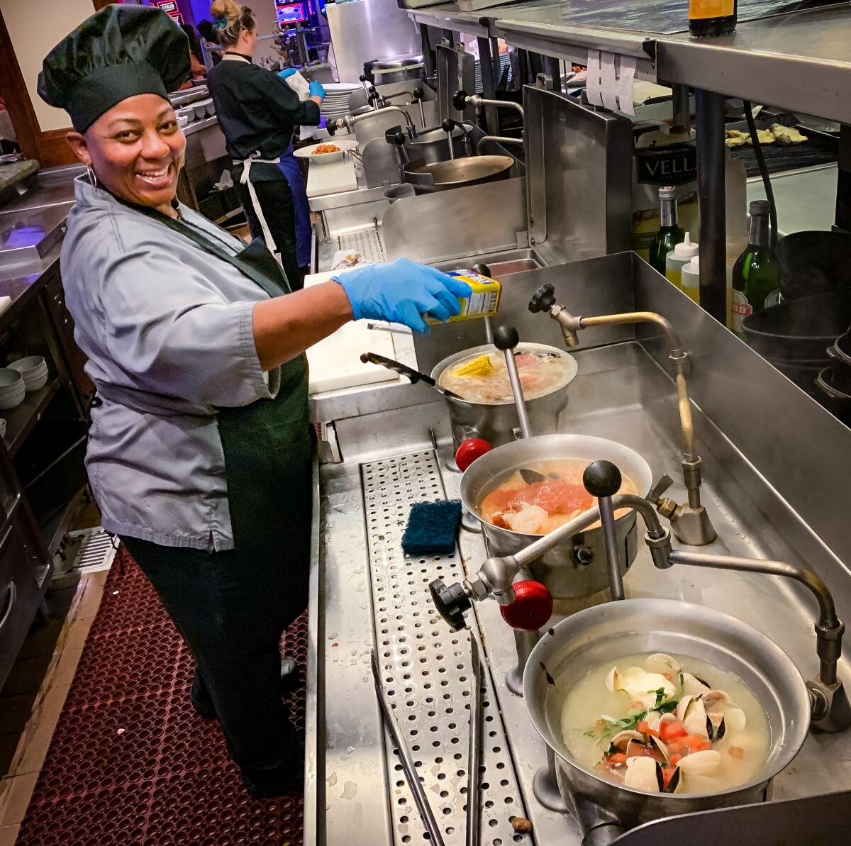 Jacqueline McMillion has been cooking pan roasts at the Oyster Bar at Harrah's Las Vegas since the restaurant opened 13 years ago.