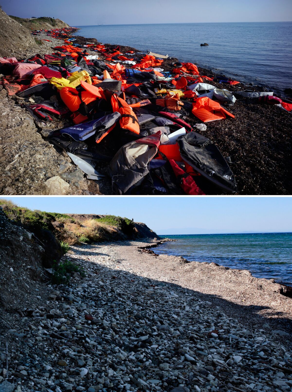 A composite image shows a key location during the height of the 2015 migrant crisis last year and the situation there now.
