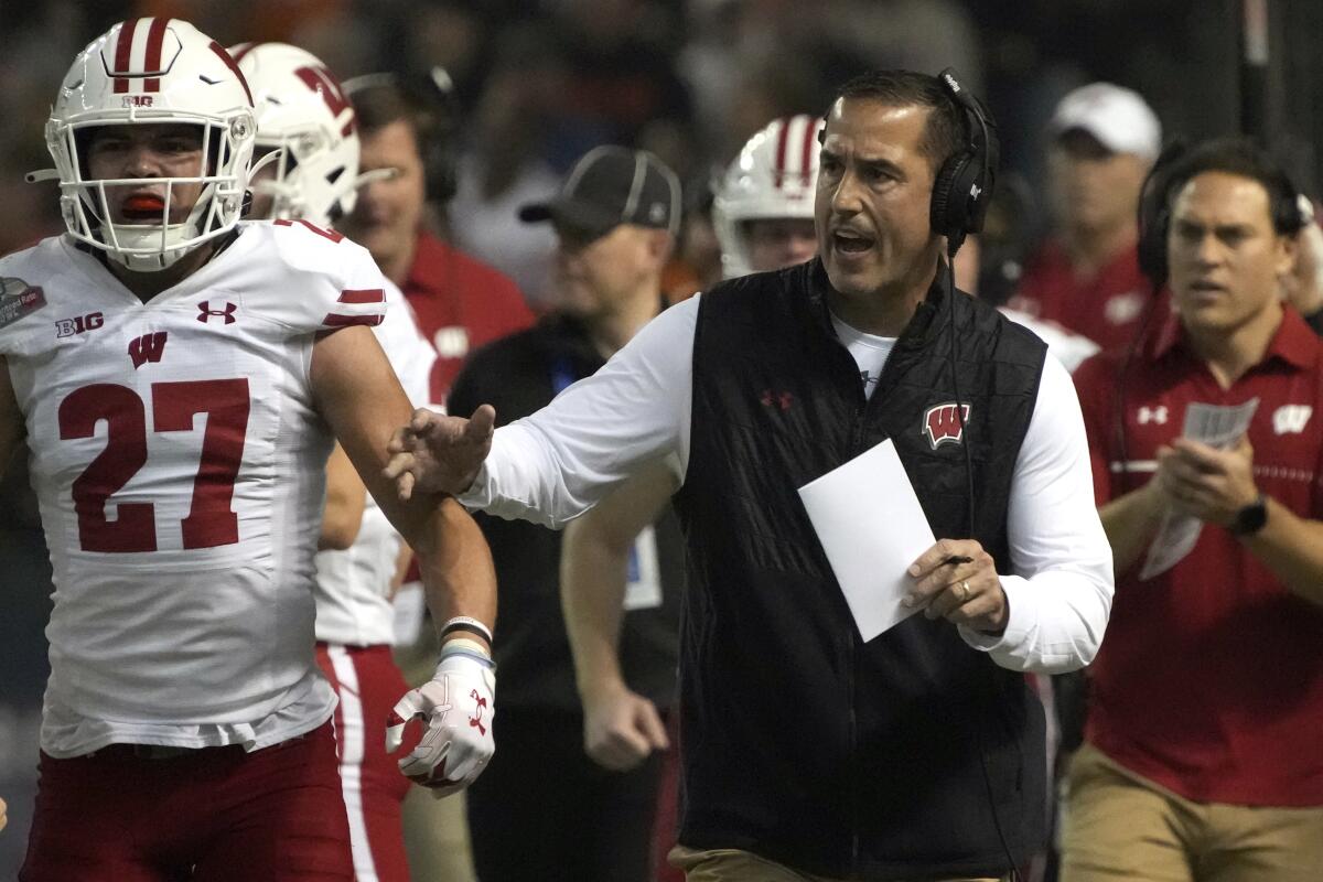 Wisconsin coach Luke Fickell gestures on the side during a game against Oklahoma State on Dec. 27.