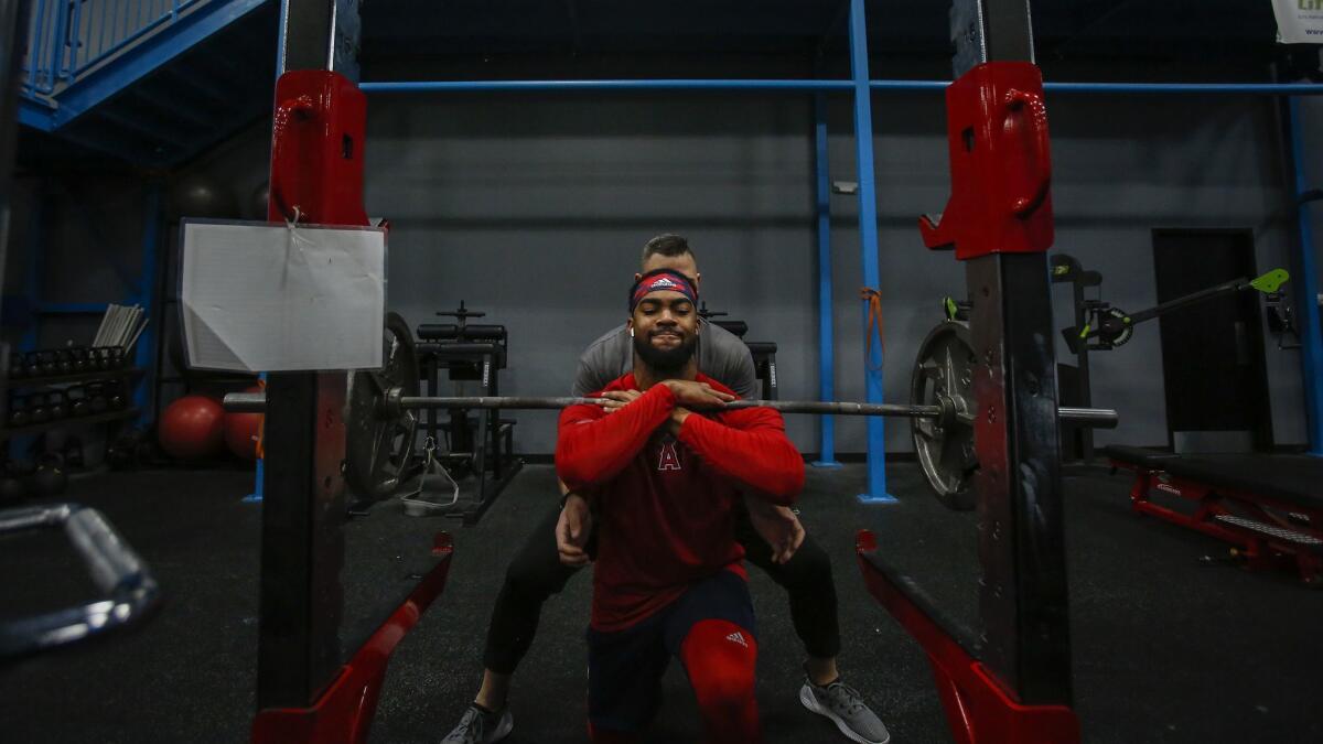 Angels prospect Jo Adell trains with Eric Hammer, director of human performance at Personal Fitness & Rehabilitation in Louisville, Ky. on Jan. 29.