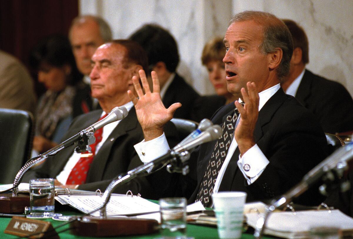 Sen. Joe Biden (D-Del.) speaks during the confirmation hearing of Supreme Court nominee Clarence Thomas in 1991. 