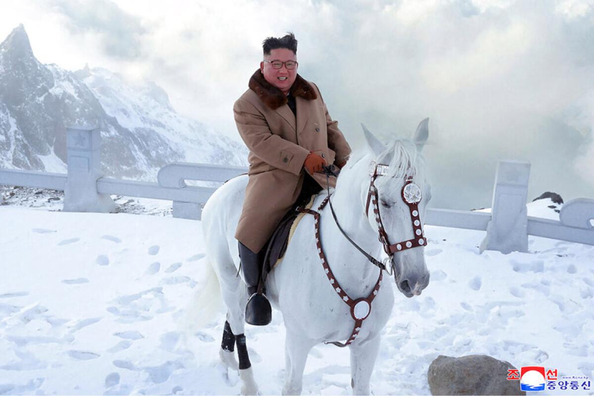 A man in a brown coat rides a white horse in a snowy mountain setting