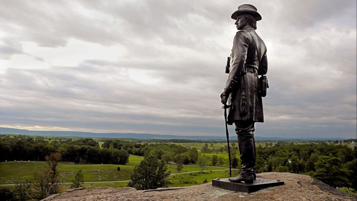 Statue of Union Gen. G.K. Warren perched on Little Round Top at Gettysburg National Military Park in Pennsylvania.
