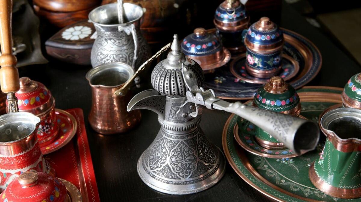 A selection of some of the Turkish coffeepots (also known as cezve or ibrik) and sets available at the Anatolian Gift Shop in Huntington Beach.