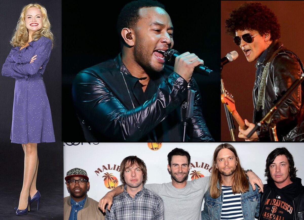 Among the performers for New Year's Eve in Las Vegas are, clockwise, Kristin Chenoweth, John Legend, Bruno Mars and Maroon 5.