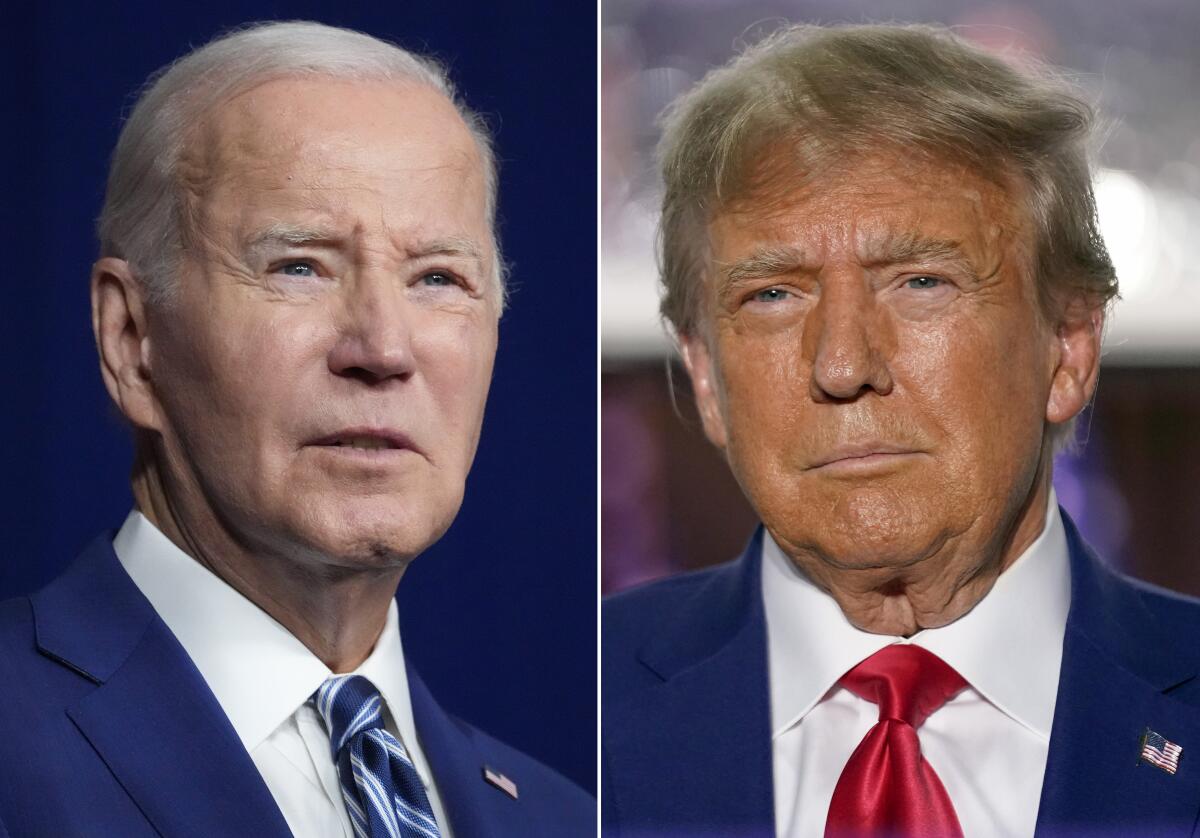 Side-by-side closeups of President Biden and former President Trump