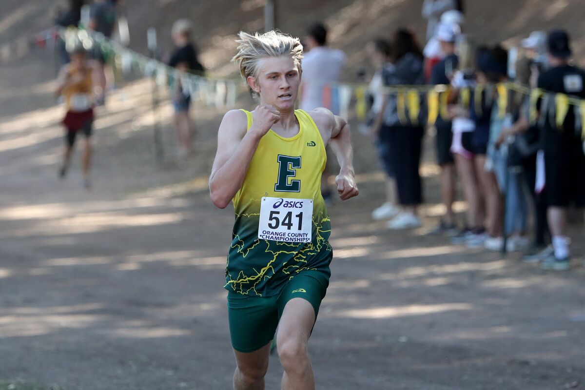 Edison junior Wylie Cleugh approaches the finish line in the Orange County cross-country championships on Oct. 16.