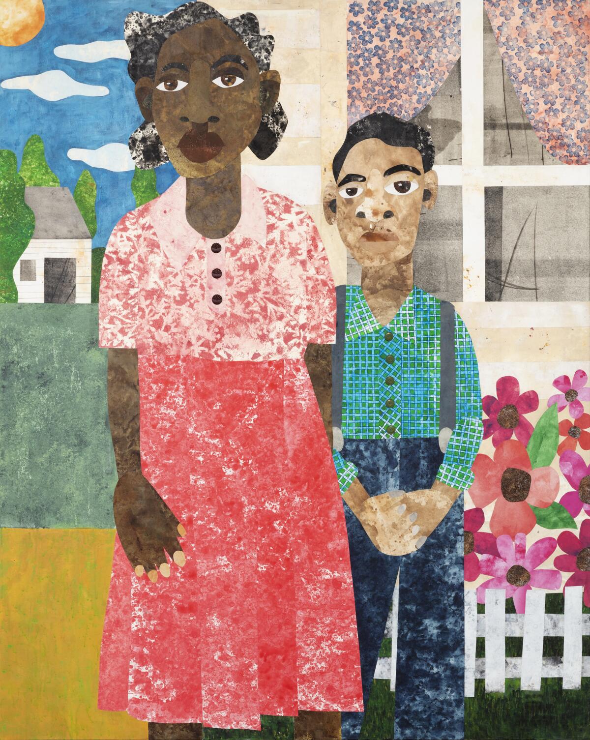 A collage painting of a grandmother and grandson standing in front of a house. 