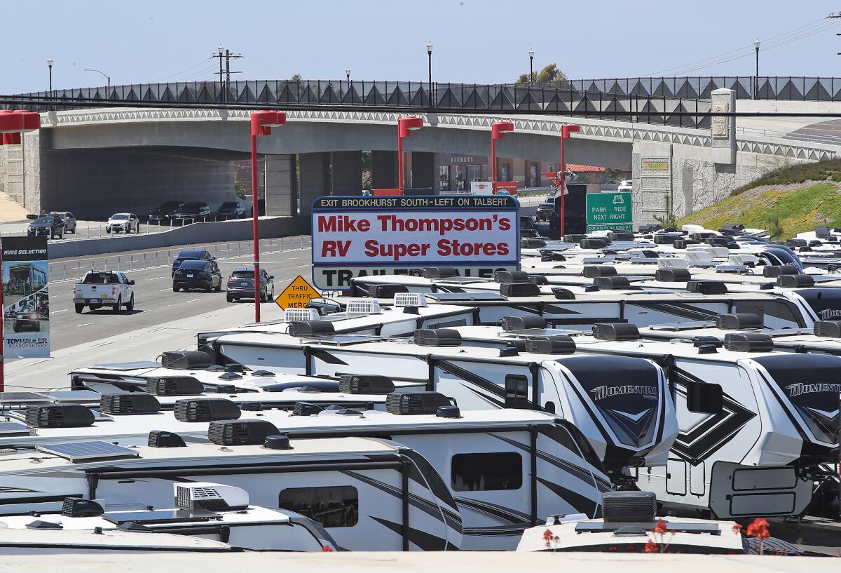 The secondary lot of Mike Thompson's RV Super Stores, adjacent to the northbound 405 freeway in Fountain Valley.
