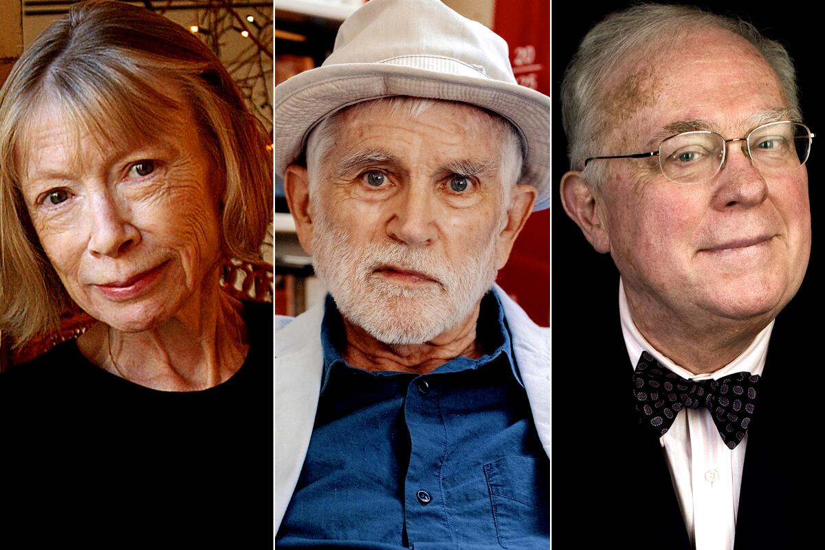 Authors Joan Didion in 2003, Mike Davis in 2022, and Kevin Starr in 2009.