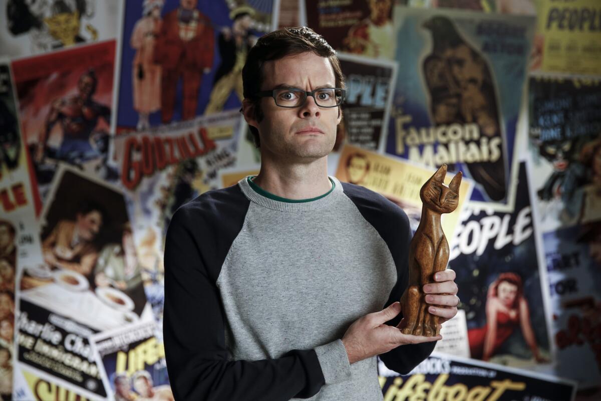 Funnyman Bill Hader, formerly of "Saturday Night Live, " with a prop from the set of Turner Classic Movies' Essentials Jr.