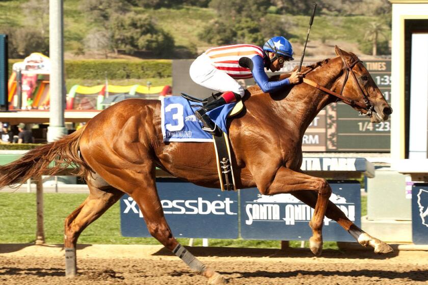Dortmund, with jockey Martin Garcia aboard, wins the Grade II $400,000 San Felipe Stakes horse race at Santa Anita on March 7.