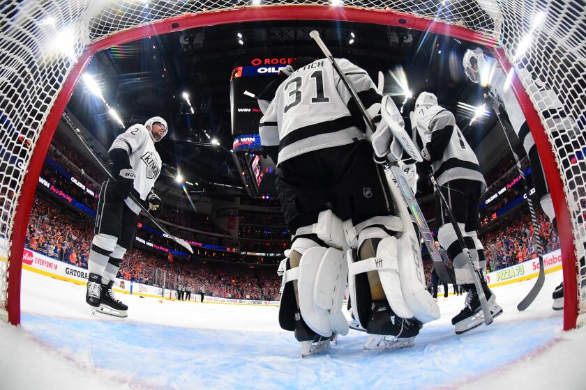 EDMONTON, CANADA - MAY 01: The Los Angeles Kings acknowledge their goaltender David Rittich #31 as their season comes to an end after Game Five of the First Round of the 2024 Stanley Cup Playoffs against the Edmonton Oilers at Rogers Place on May 1, 2024, in Edmonton, Alberta, Canada. (Photo by Andy Devlin/NHLI via Getty Images)
