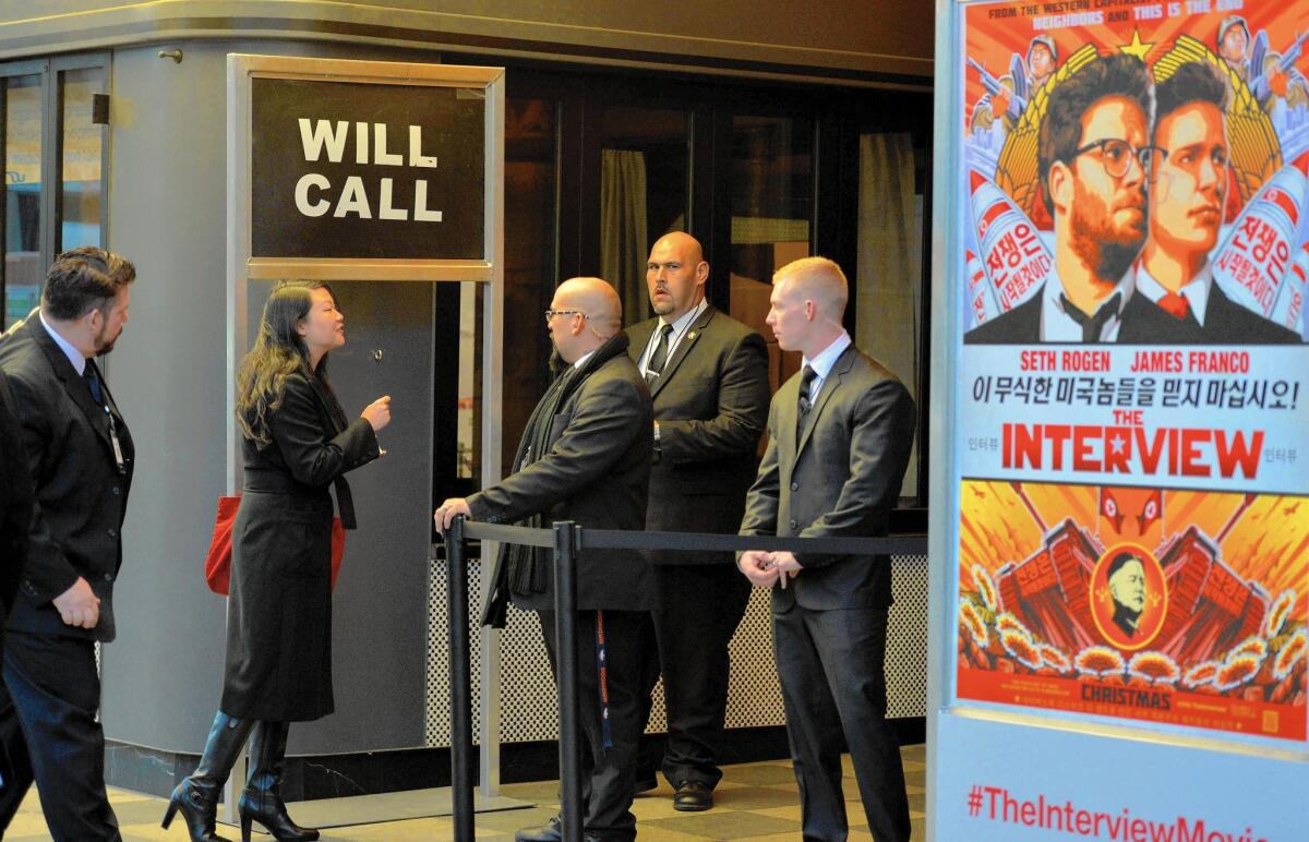 The premiere of "The Interview" in Los Angeles last week was an unusually quiet affair. Above, heavy security is seen outside the Ace Hotel theater before the premiere.