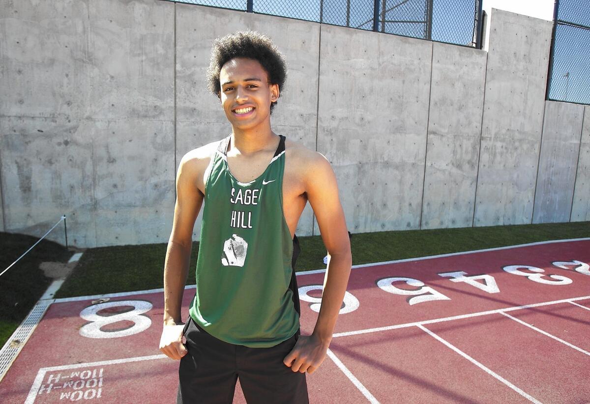 Sage Hill School senior Chance Kuehnel won the high jump at the Irvine Invitational with a mark of 6 feet, 8 inches, the second best mark in the state this year